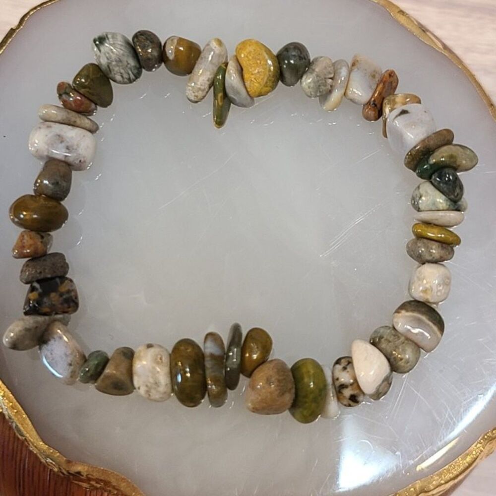 Natural Ocean Jasper Gemstone Chip Bracelet Stretch Beaded Healing Crystal Boho